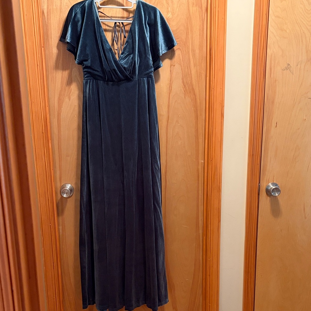 Velvet Deep Teal Maxi Dress with V-Neck and Tie Back